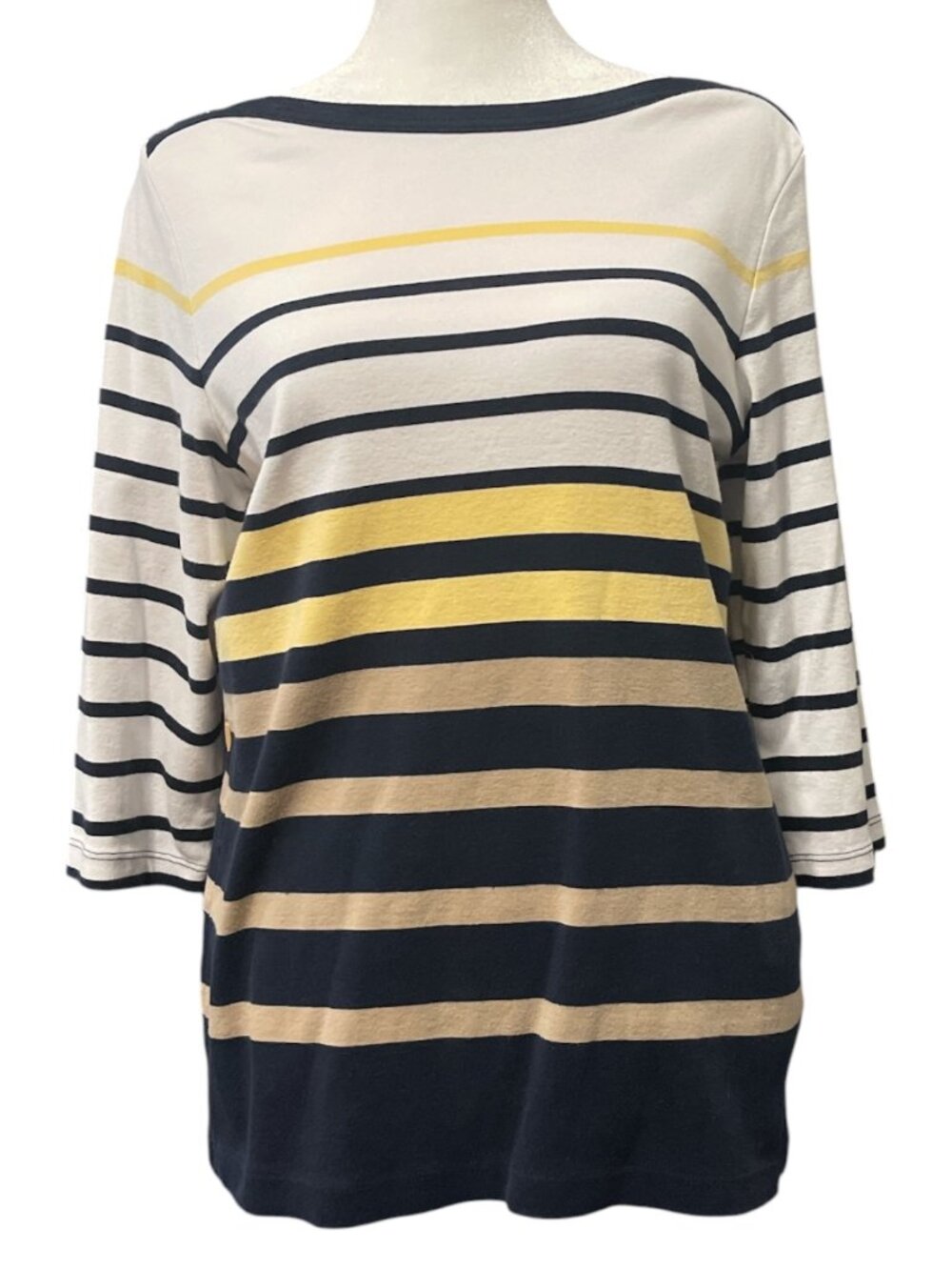 Christopher & Banks White Blue Striped 3/4 Sleeve Button Boatneck Cotton Top Med